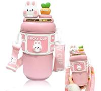 Botella de agua Kawaii, botella de aislamiento de agua de acero inoxidable de 19 oz con paja y correa ajustable, lindas botellas de agua a prueba de fuga de conejo para niñas deportivas de campamento