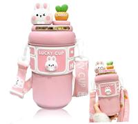 Botella de agua Kawaii, botella de aislamiento de agua de acero inoxidable de 19 oz con pajita y correa ajustable, lindas botellas a prueba de fugas de conejo para niñas, deportes, viajes de cam