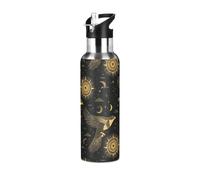 Botella de agua para gimnasio, a prueba de fugas, sin BPA, diseño de halcón salvaje, color negro y dorado, con tapa de popote, aislamiento al vacío de doble pared para viajes, camping, deportes, 32