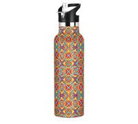 Botella de agua para niños con pajilla, botella de agua de acero inoxidable aislada al vacío para viajes o escuela, 20 onzas, sin BPA, textura de azulejos españoles naranja