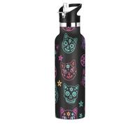 Botella de agua para niños con pajilla, botella de agua de acero inoxidable para viajes o escuela, 20 onzas, sin BPA, gatos neón, calaveras, estrellas, negro