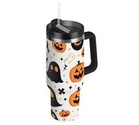 Botella de agua reutilizable al vacío con tapa y pajita, diseño de esqueletos de calabaza, fantasmas de dibujos animados, con tapa y asa, para agua, té helado o café, termicos para hombres