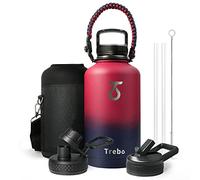 Botella de agua térmica 2L, Trebo Botella de agua térmica con pajita botella agua acero inoxidable 2L Enfría durante 48h Botella de agua térmica metálica con asa de paracord, rojo rubí