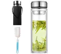 Botella de cristal de 1 litro, doble pared, 1 L, con cepillo para ollas y juegos de tazas, botella de té con colador para llevar, botella de 1 litro