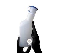 Botella de orina para hombre, 1000 ml, cuadrada, color lechoso con cierre azul: contenedor de orina desinfectable y resistente al calor para hombres