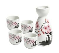 Botella de sake japonesa - Jarra de vino de cerámica con 4 tazas, diseño de | Jarra de sake japonesa, decantador de cerámica con patrón de flores de 6 x 13 cm con 4 tazas de bebida para vino, té, hogar