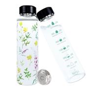 Botella de vidrio de 1 litro con marca de tiempo, botella de vidrio de 1000 ml con funda protectora y filtro de acero inoxidable, sin BPA, botella a prueba de fugas, botella de vidrio para deporte