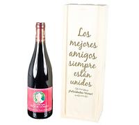 Botella de vino con caja de madera personalizada con foto, año, subtítulo, nombre y dedicatoria