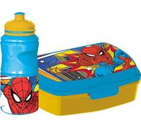 Botella Marvel de 380 ml y sandwichería azul para niños en plástico Spiderman con banda antideslizante y cierre de seguridad