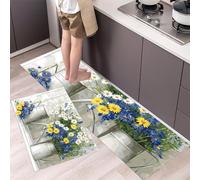 Botella rociadora de Margaritas casa Rural Alfombra de Cocina Lavable, Antideslizante, cómoda, Impermeable, para el hogar, la Cocina y la lavandería, 2 Piezas (Blanco grisáceo, 50x80+50x150cm)