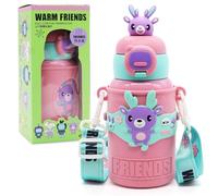 Botella Termica para Niños, Botellas de Agua con Pajita, Dibujos Animados Ciervo Thermos, Botella Térmica Acero Inoxidable Para Escuela, Corrida Y Actividades Aire 450ml