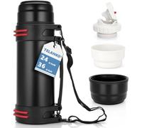 Botella térmica para viajes, doble pared de acero inoxidable, con 2 tazas, camping o senderismo con mango robusto y correa de transporte, 24 h caliente y frío (1.5 L)