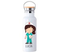Botella Térmica Personalizada para Veterinaria, Tapa de Bambú, Diseño con Mascota, Nombre y color del pelo personalizado (ENFERMERA)