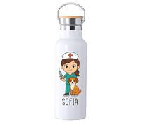 Botella Térmica Personalizada para Veterinaria, Tapa de Bambú, Diseño con Mascota, Nombre y color del pelo personalizado (VETERINARIA)