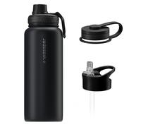 Wessper Botella Agua Acero Inoxidable 1L Botella Termica Sin BPA con 3 Tapones | Negro Elegante Botella Resistencia al Rayado, fácil de Limpiar | Termo Agua Fria/Caliente para Niños Adultos