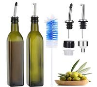 Botellas de aceite de oliva de cristal oscuro (500 ml). Pack de 2 aceiteras/vinagreras con tapones dosificadores sin goteo, embudo, y cepillo de limpieza, para cocina