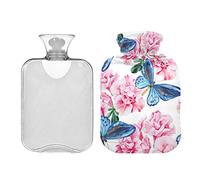 Botellas de agua caliente 2L rosa azalea azul mariposas dibujar mano almohadilla de calentamiento de agua alivio de dolores de cabeza dolor de espalda calambres menstruales