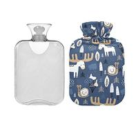 Botellas de agua caliente azul con diseño de bosque infantil de alce y caracol, almohadilla térmica de agua de 2 litros, alivio de dolores de cabeza, dolor de espalda, calambres menstruales