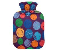 Botellas de agua caliente coloridas con diseño de círculos de garabatos, color azul marino, bolsa de agua caliente con tapa suave para aliviar el dolor, tamaño mediano
