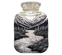 Botellas de agua caliente con cubierta suave, calentador de manos, pies, dibujo, montañas, río, bolsa de agua caliente para calambres menstruales, pequeña