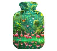Botellas de agua caliente con diseño de mariposas y flamencos de la selva tropical con cubierta suave, calentador de pies con bolsa de agua caliente para aliviar el dolor, 2 litros