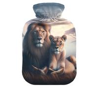 Botellas de agua caliente con pies de cubierta suave y calentador de cama, animal africano, león, pareja, bolsa de agua caliente para aliviar el dolor, tamaño mediano