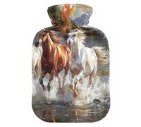 Botellas de agua caliente con pies de cubierta suave y calentador de cama, caballos corriendo pintando, botellas de calor de agua caliente para calambres menstruales, alivio del dolor, tamaño mediano
