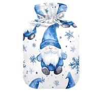Botellas de agua caliente con pies de cubierta suave y calentador de cama, gnomo azul, copo de nieve, bolsa de agua caliente blanca para calentador de pies y cama, alivio del dolor, mediano