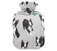 Botellas de agua caliente con pies de cubierta suave y calentador de cama, lindo perro Boston Terrier, bolsa de agua caliente gris para aliviar el dolor de cuello y hombros, tamaño mediano