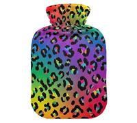 Botellas de agua caliente de neón con estampado de leopardo arcoíris con cubierta de terciopelo, botellas de calor de agua caliente para calambres menstruales, alivio del dolor, tamaño pequeño
