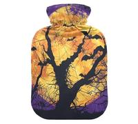 Botellas de agua caliente naranja y amarillo con diseño de luna y murciélagos de Halloween con cubierta suave, botella de agua tibia de 2 litros para cama para calambres menstruales, alivio del dolor
