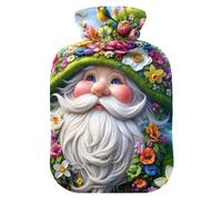 Botellas de agua caliente verde con diseño de gnomo con funda de terciopelo, bolsa de agua caliente para calentar la cama del pie, alivio del dolor, 1 litro