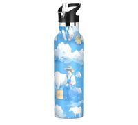Botellas de agua reutilizables de 20 onzas con pajilla, aislamiento al vacío de doble pared, a prueba de fugas y sin BPA, diseño vaquero de dibujos animados, azul cielo para viajes, campamentos y
