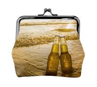 Botellas de Cerveza, Playa, Puesta de Sol, Hora Impresa,Monedero de Piel sintética, Carteras pequeñas, Monedero con Cierre de Broche
