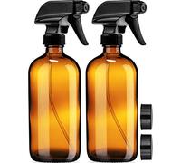 Botellas de cristal, color ámbar, vacías, con etiquetas, (paquete de 2 unidades), envase recargable de 473 ml, ideal para aceites esenciales, productos de limpieza o aromaterapia, pulverizador de color negro, duradero, con ajustes de vaporizador y chorro