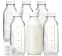 Botellas de leche de vidrio de litro con tapa de rosca 100 % hermética, paquete de 6 tarros de 32 onzas, botellas de vidrio de grado alimenticio para leche, miel, mermelada, aptas para lavavajillas (2