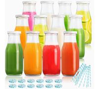 Botellas de leche de vidrio YEBODA de 11 oz con tapas met?licas reutilizables y pajitas para bebidas, cristaler?a y bebidas, fiestas, bodas, barbacoas