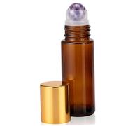 Botellas de rodillo de aceite esencial, botellas de rodillo de vidrio ámbar recargables vacías de 50 ml, aplicador de bola de cabeza de amatista púrpura natural para viajes, perfume y brillo de