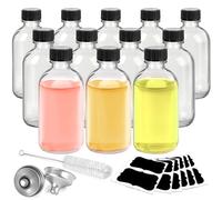 Botellas de vidrio con tapas y embudos, paquete de 12 mini botellas de 2 onzas, botellas de vidrio redondas Boston a prueba de fugas para aceites esenciales de bricolaje, perfumes, cosméticos