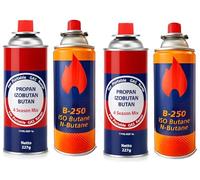 Botellas para Camping Gas Portatil u Hornillo Camping Portátil, Cocinal, Infernillo, Fogareiro, Cartucho de Gas Butano para Acampada B-250 para Hornillos Camping y Quemadores (Packs de 4 Botellas)
