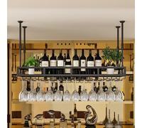 Botellero colgante ajustable con soporte para copas y estante - Barra de techo de metal industrial montada en la pared para copas de vino Solución de almacenamiento negra de 100 cm Beauty Comes