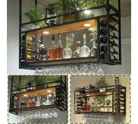 Botellero colgante de 2 capas de estilo industrial para el hogar, restaurante, bares, portabotellas de vino de hierro y estante de vidrio para decoración de techo, Botellero simple y elegante