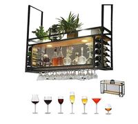 Botellero colgante de estilo industrial con estante de decoración de techo, soporte simple de hierro para botellas de vino y bares, diseño de 2 capas para botellas de vino y vasos, 65 x 30 x 50 cm