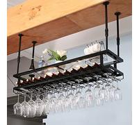 Botellero Colgante Industrial con Luces, Barra de Techo metálica Ajustable, Soporte de Copas de 2 Niveles y Estante, botellero de Techo para decoración del hogar.