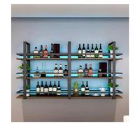 Botellero de pared con luz LED, estante flotante para bar, soporte de vino de metal, para bar, sala de estar, restaurante (color negro, tamaño: 150 x 22 cm)