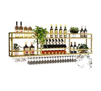 Botellero de pared con luz LED y estantes metálicos industriales, expositor grande para botellas de licor y portacopas, botellero flotante para almacenar vinos, diseño compacto - Dorado, 2 n