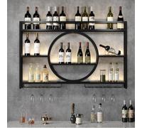 Botellero de pared de 3 niveles con luz LED, estante de metal para licor para copas de vino y botellas, perfecto para cocina, comedor, hogar, bar, color negro, 120 x 15 x 80 cm
