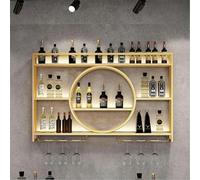 Botellero de Pared de Metal Dorado con Soporte para Copas, Ideal para el hogar, Bar y Cocina. Elegante botellero Colgante Redondo para el Comedor, Ahorra Espacio. 120 x 80 x 15 cm.