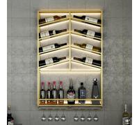 Botellero de pared de metal rústico para botellas y vasos, soporte de vino colgante de 4 niveles, almacenamiento de vino para el hogar, bar y bodega, acabado dorado (L39.3-100-A)