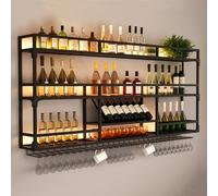 Botellero De Pared Para Con Soporte Para Copas,Estante De Vino De Metal De Estilo Industrial Con Luz LED,Botellero Vino De Hierro,Estantería De Vino,Para Cocina,Bodega O Bar - Soporte Elegante Para Bo